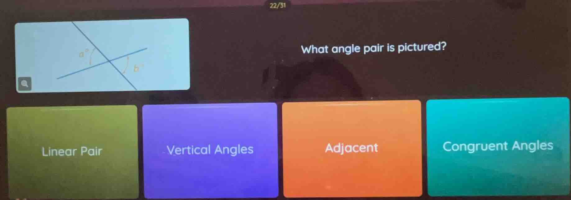 what angle pair is pictured? linear pair vertical angles adjacent congr…