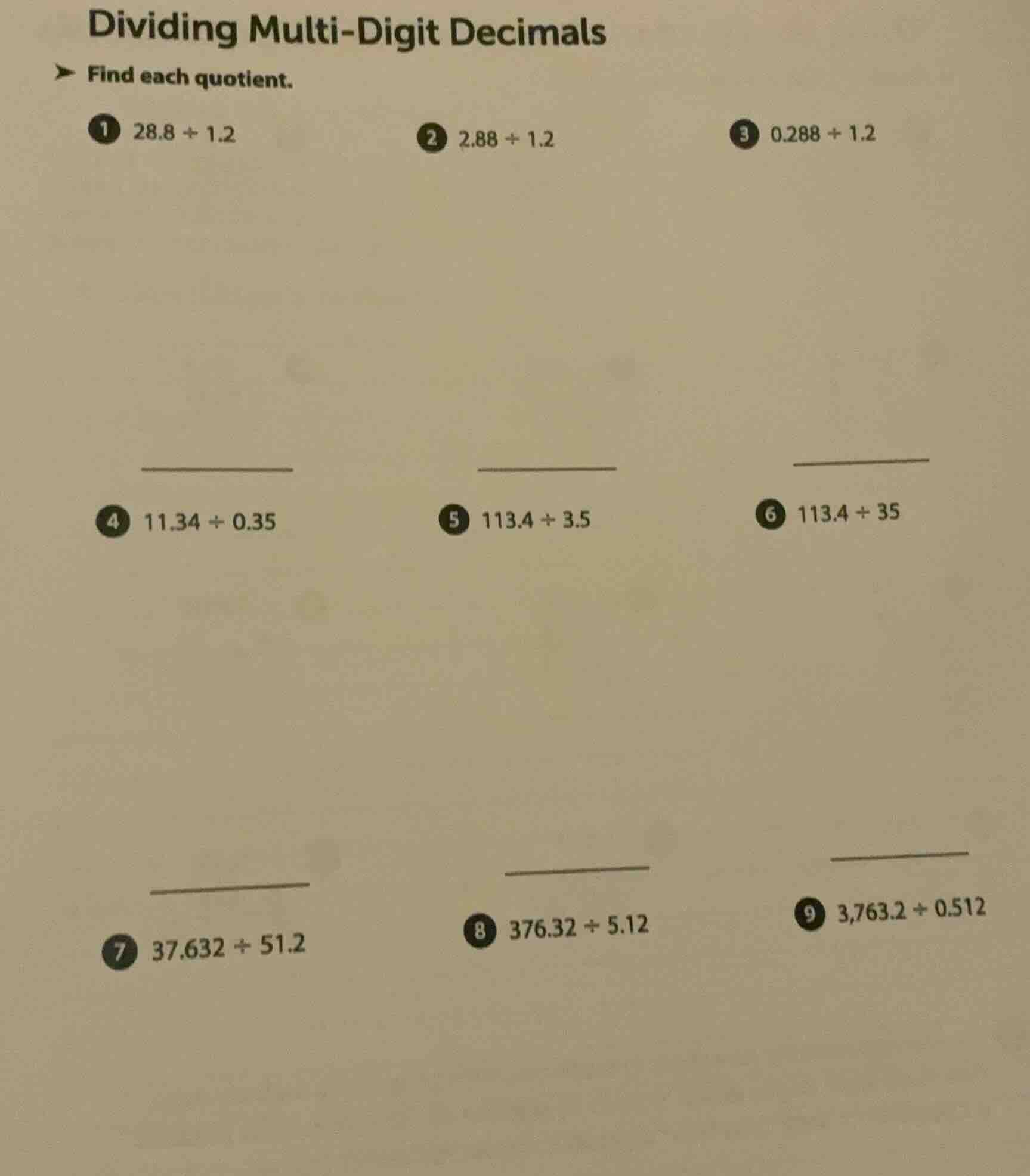 dividing multi-digit decimals find each quotient. 1 ( 28.8 div 1.2 ) 2 …