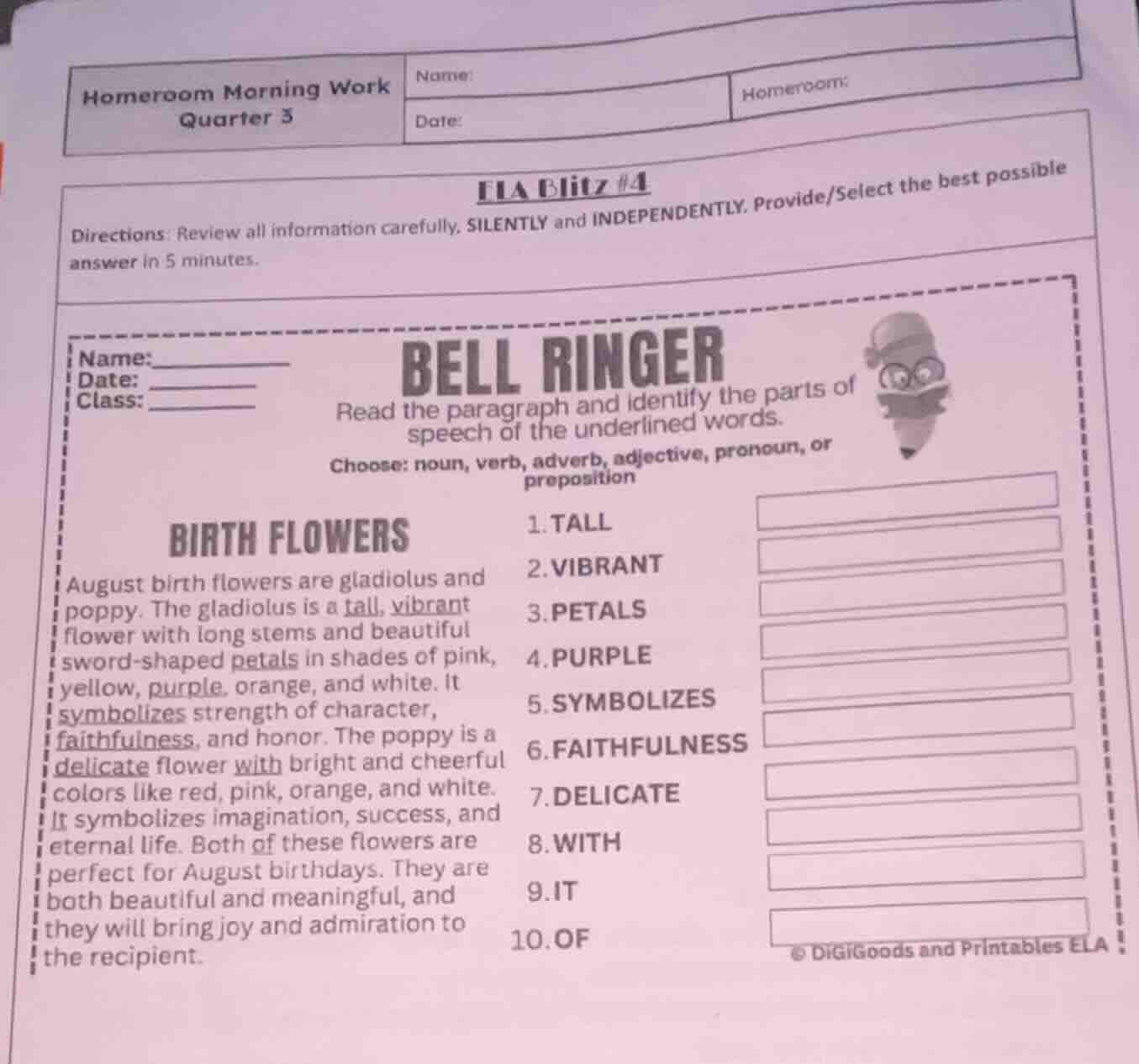 homeroom morning work quarter 3 name: homeroom: date: ela blitz #4 dire…