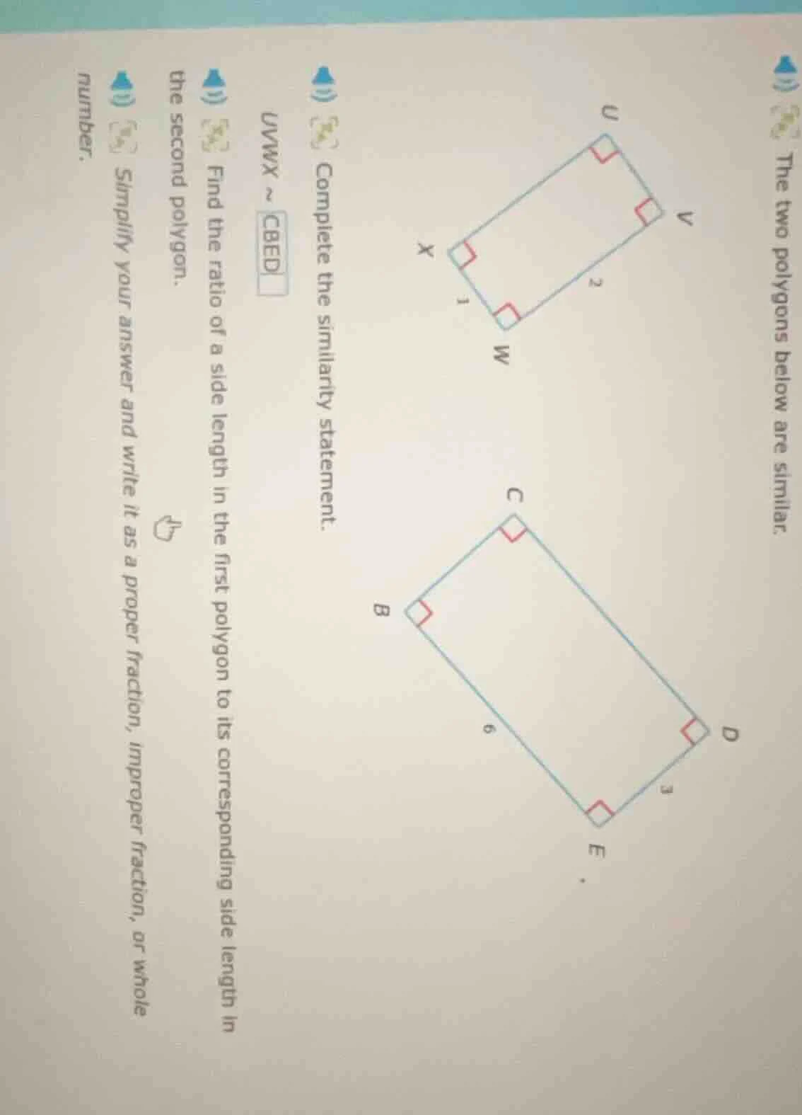 the two polygons below are similar. complete the similarity statement. …