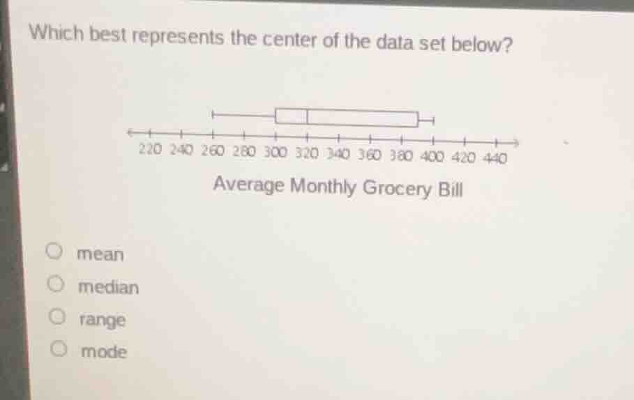 which best represents the center of the data set below? average monthly…