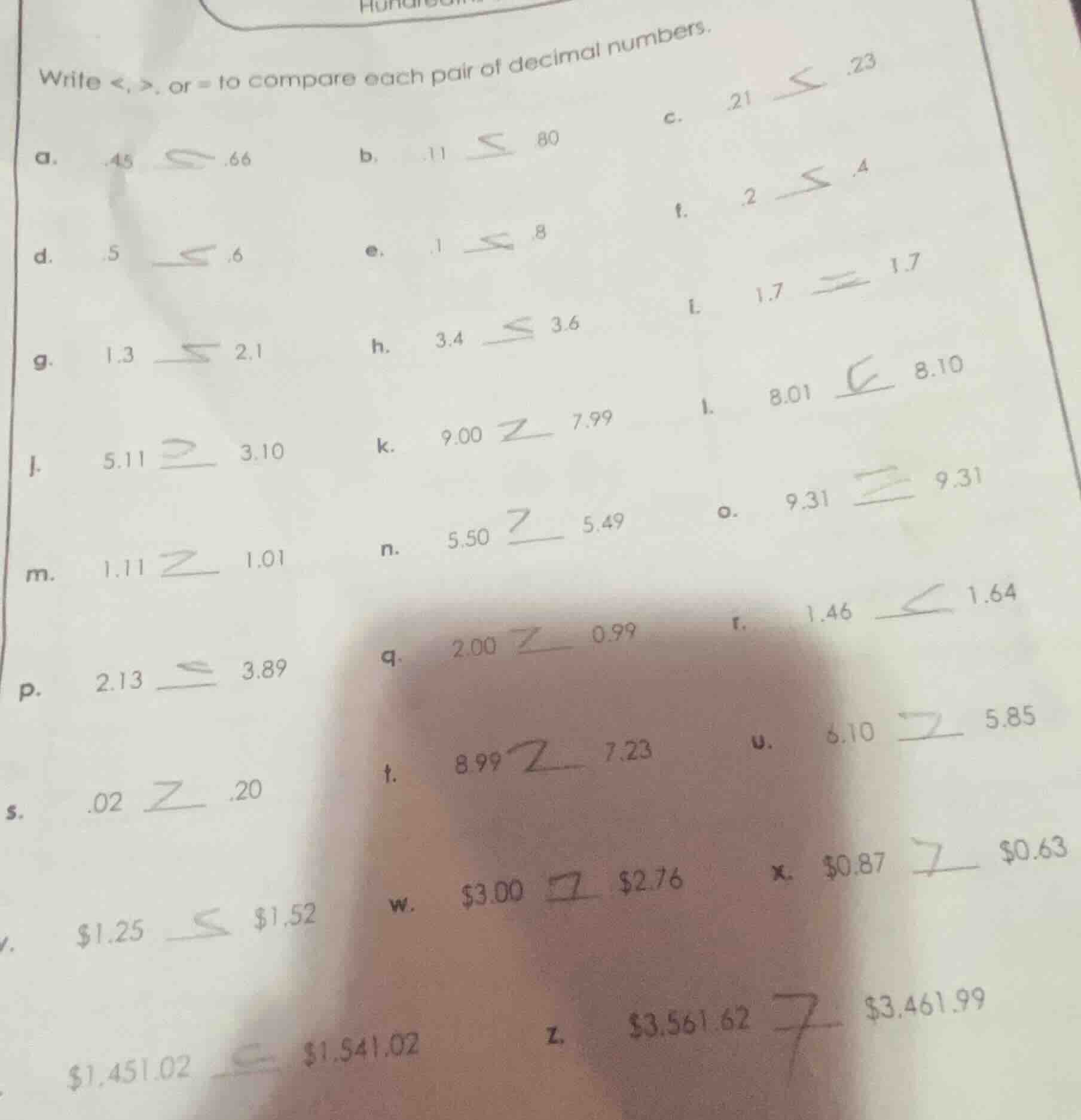 write <, >, or = to compare each pair of decimal numbers. a. .45 ____ .…