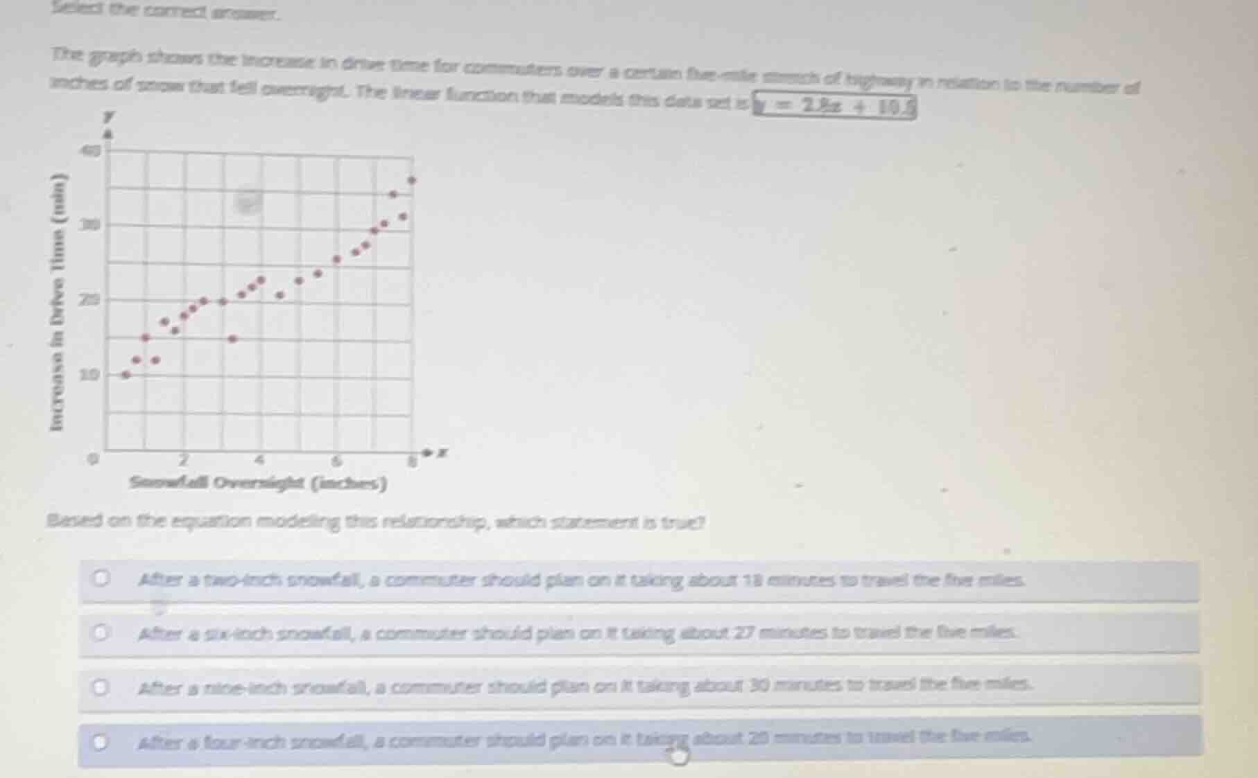 select the correct answer. the graph shows the increase in drive time f…