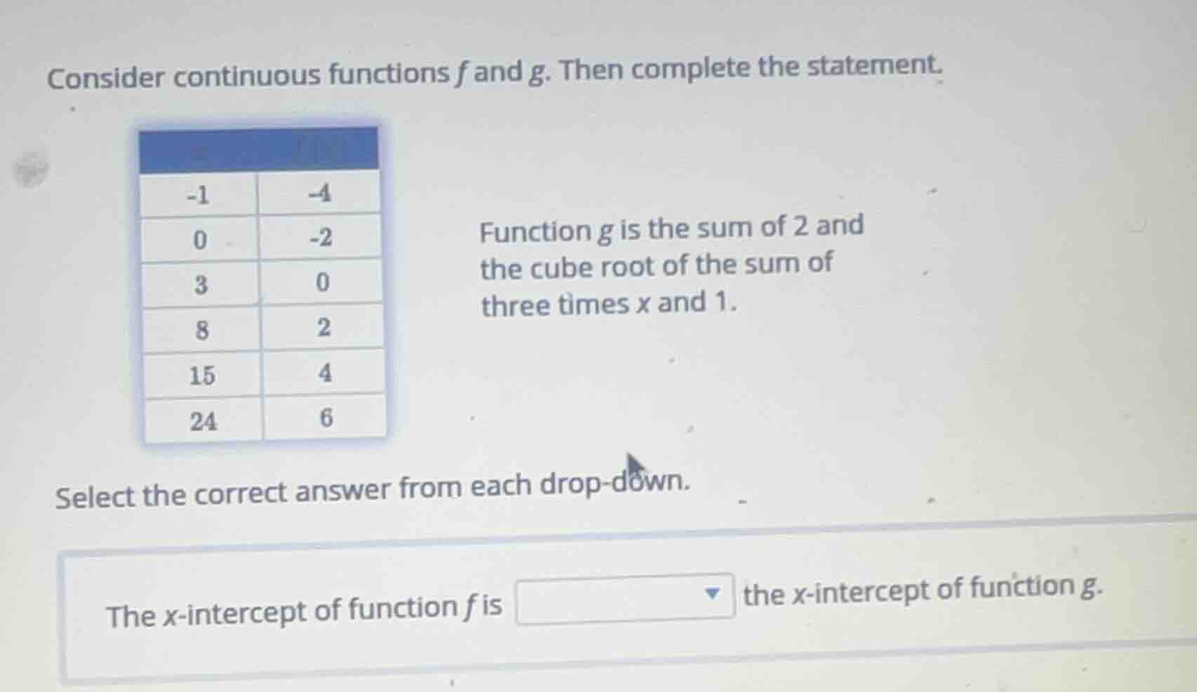 consider continuous functions f and g. then complete the statement. fun…