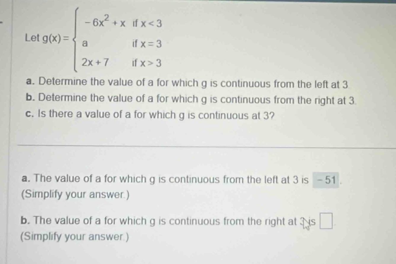 let $g(x)=\\begin{cases}-6x^2 + x & \\text{if } x < 3 \\\\ a & \\text{i…