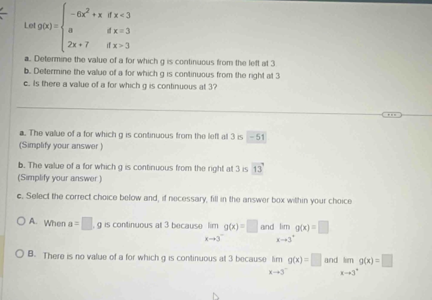 let $g(x)=\\begin{cases}-6x^2 + x & \\text{if } x < 3 \\\\ a & \\text{i…