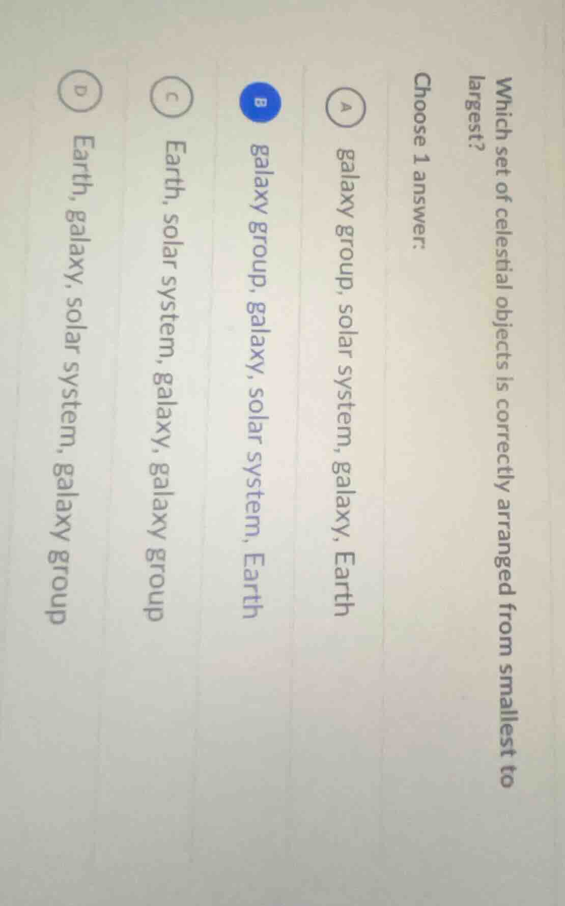 which set of celestial objects is correctly arranged from smallest to l…