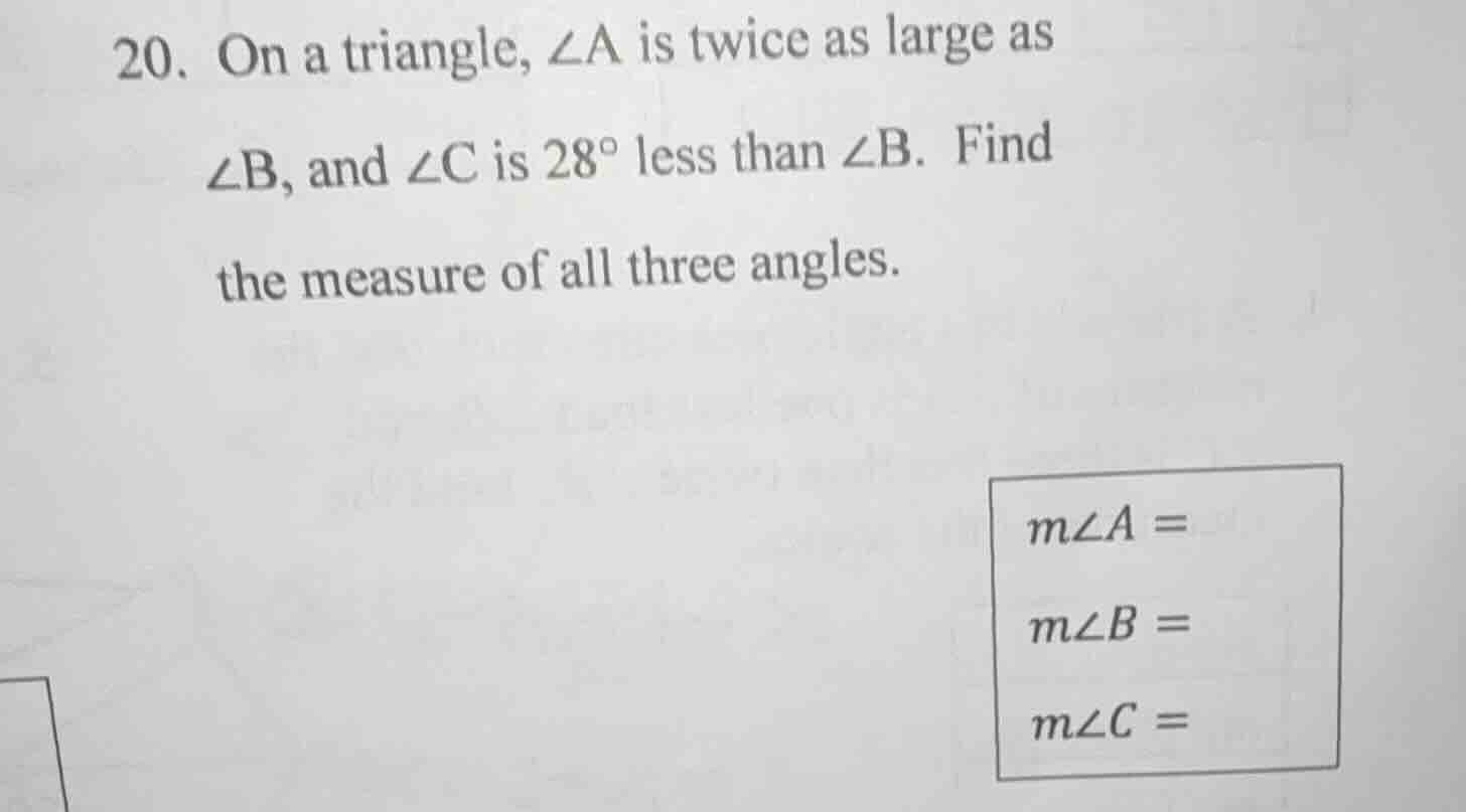 20. on a triangle, $\\angle a$ is twice as large as $\\angle b$, and $\…