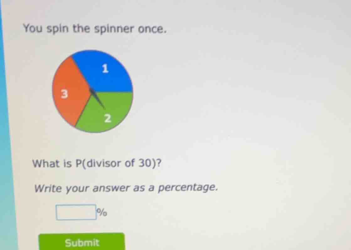 you spin the spinner once. what is p(divisor of 30)? write your answer …