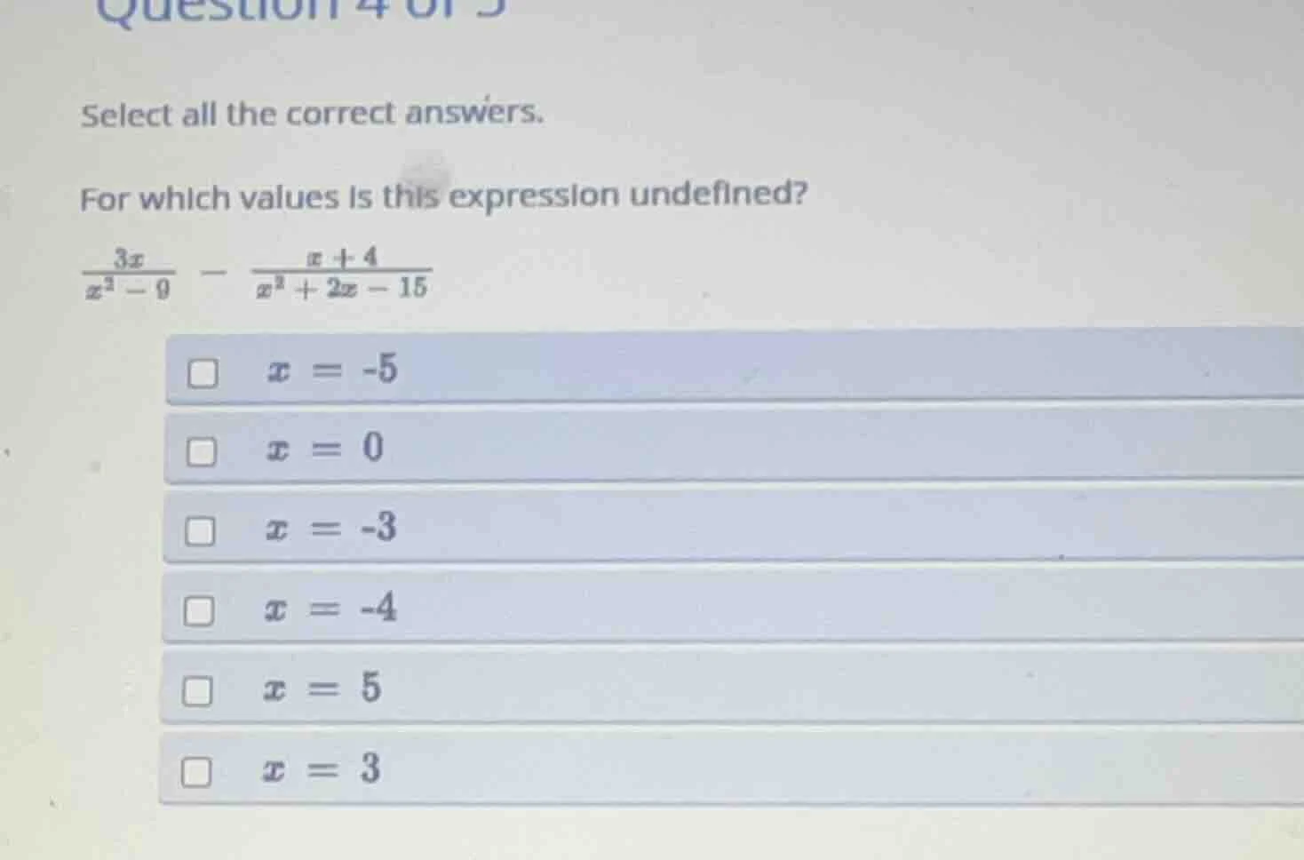 select all the correct answers. for which values is this expression und…