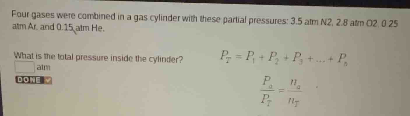 four gases were combined in a gas cylinder with these partial pressures…