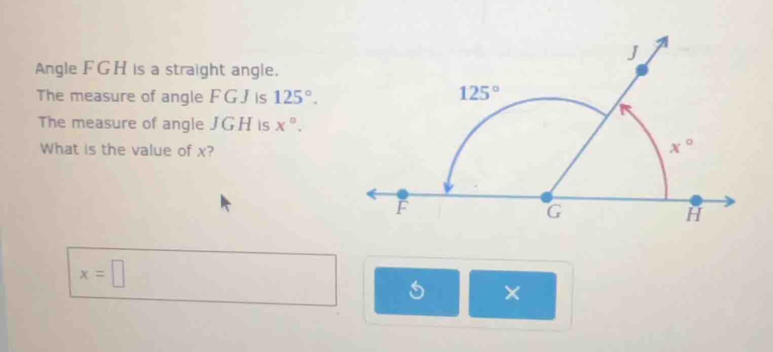 angle fgh is a straight angle. the measure of angle fgj is 125°. the me…