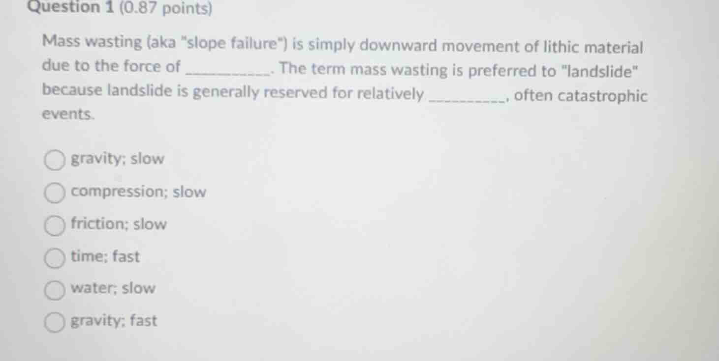 question 1 (0.87 points) mass wasting (aka \slope failure\) is simply d…