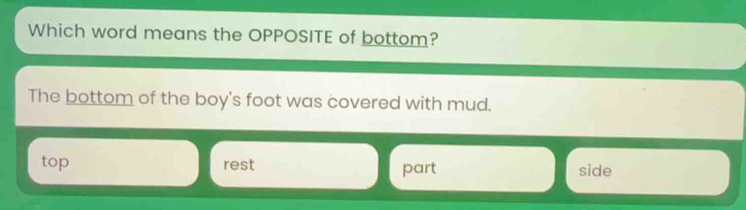 which word means the opposite of bottom? the bottom of the boys foot wa…