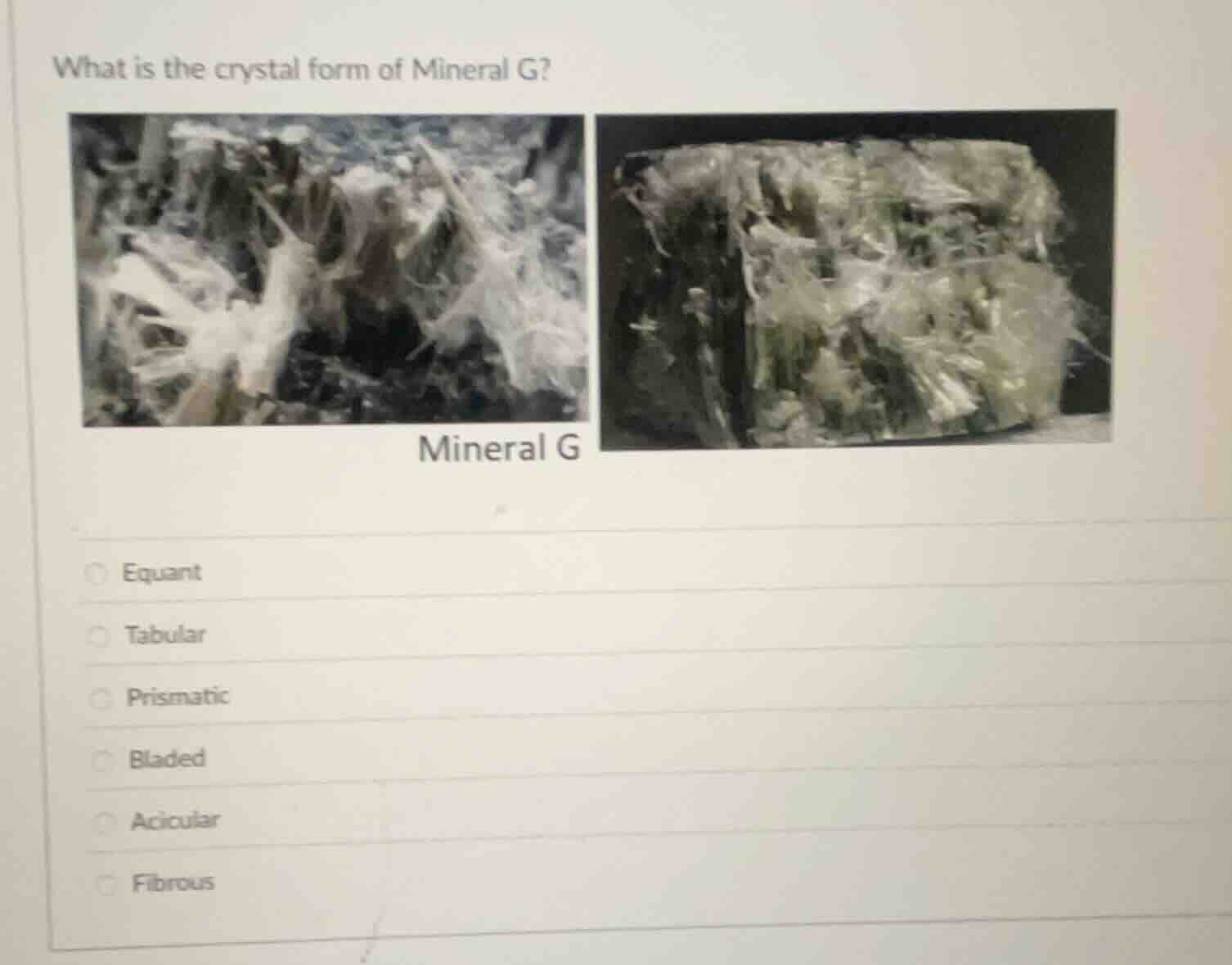 what is the crystal form of mineral g? mineral g equant tabular prismat…