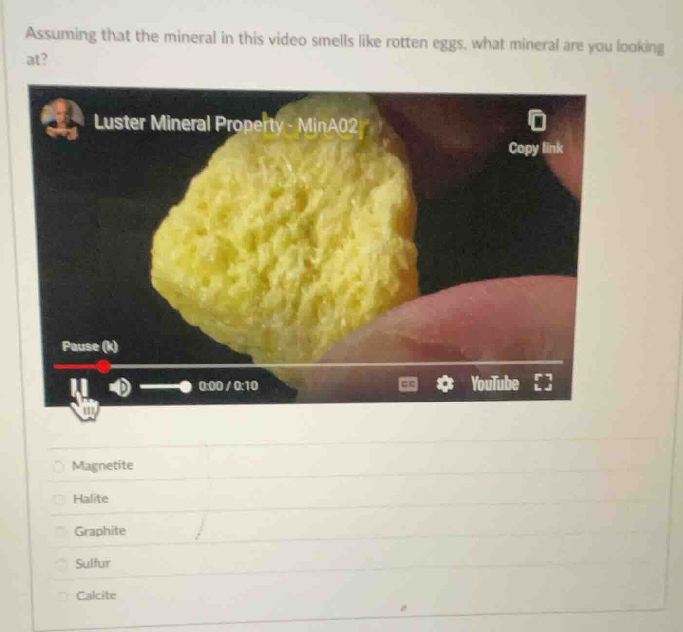 assuming that the mineral in this video smells like rotten eggs, what m…