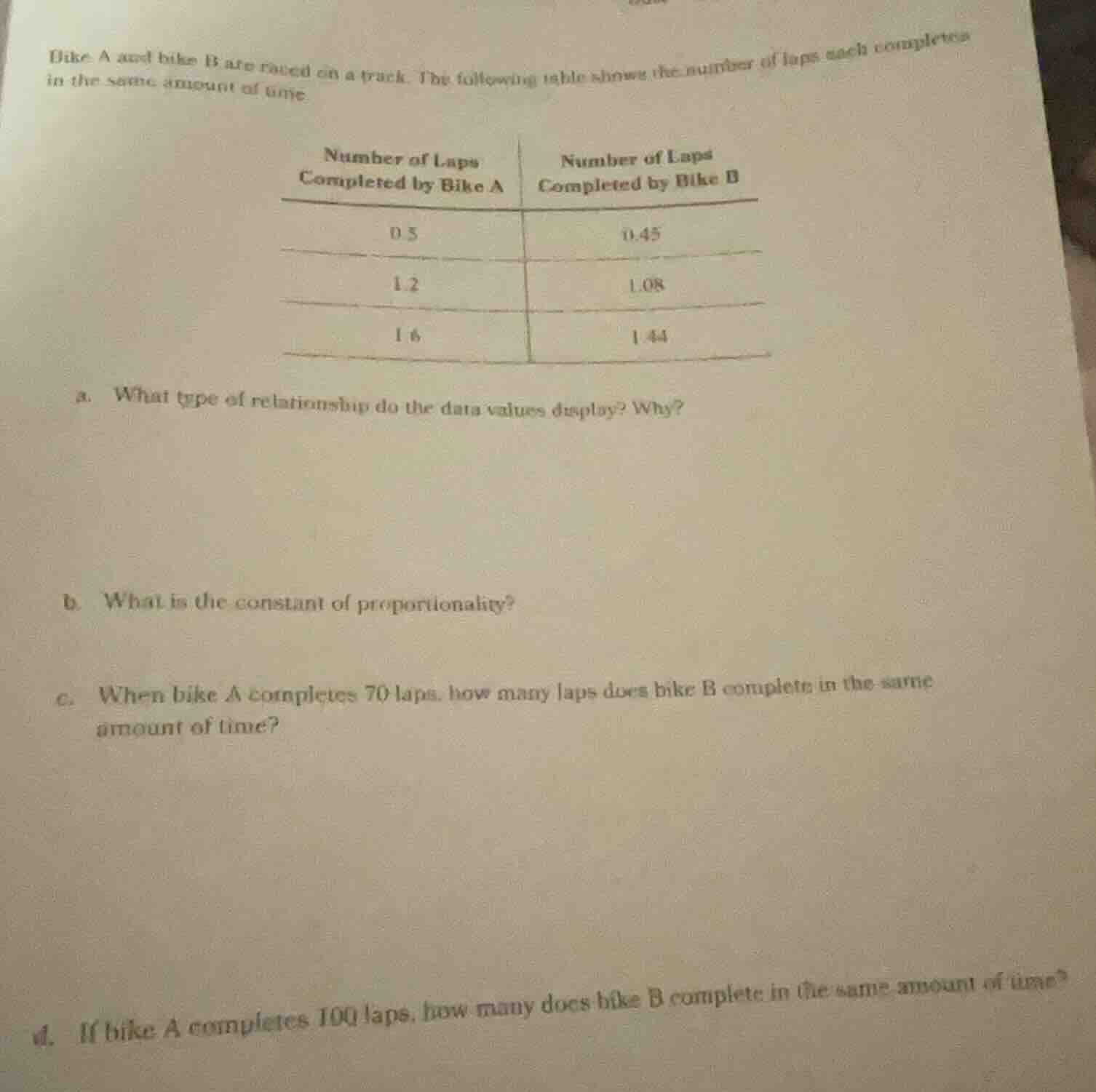 bike a and bike b are raced on a track. the following table shows the n…