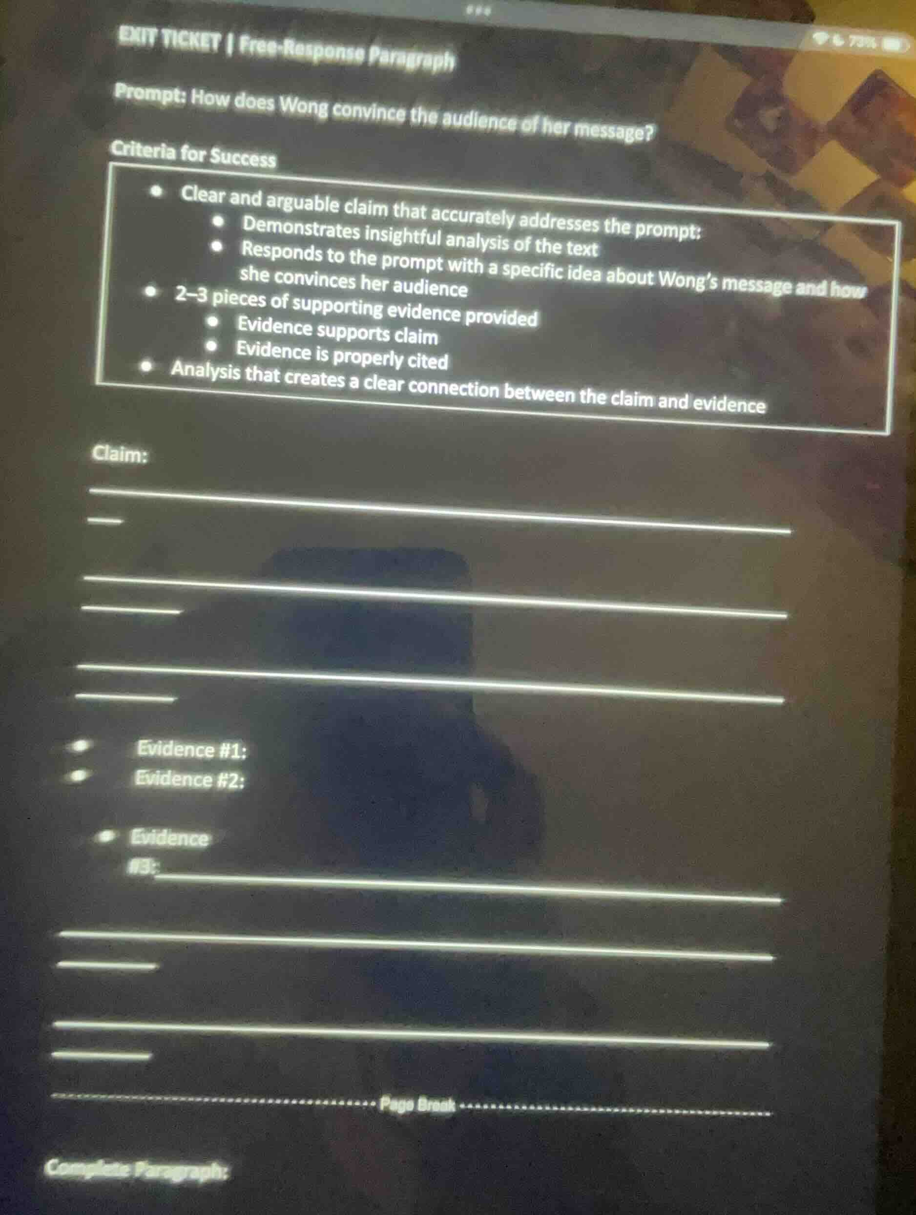 exit ticket | free - response paragraph prompt: how does wong convince …