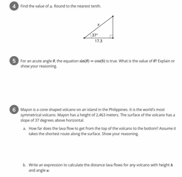 4 find the value of x. round to the nearest tenth. 5 for an acute angle…