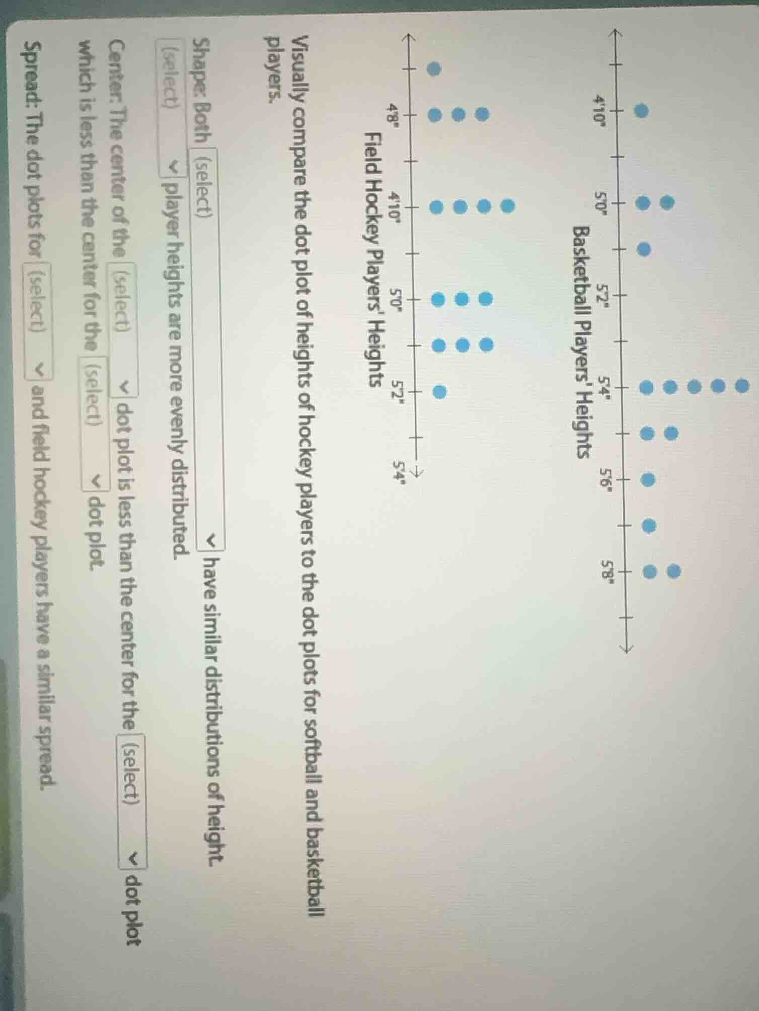 visually compare the dot plot of heights of hockey players to the dot p…