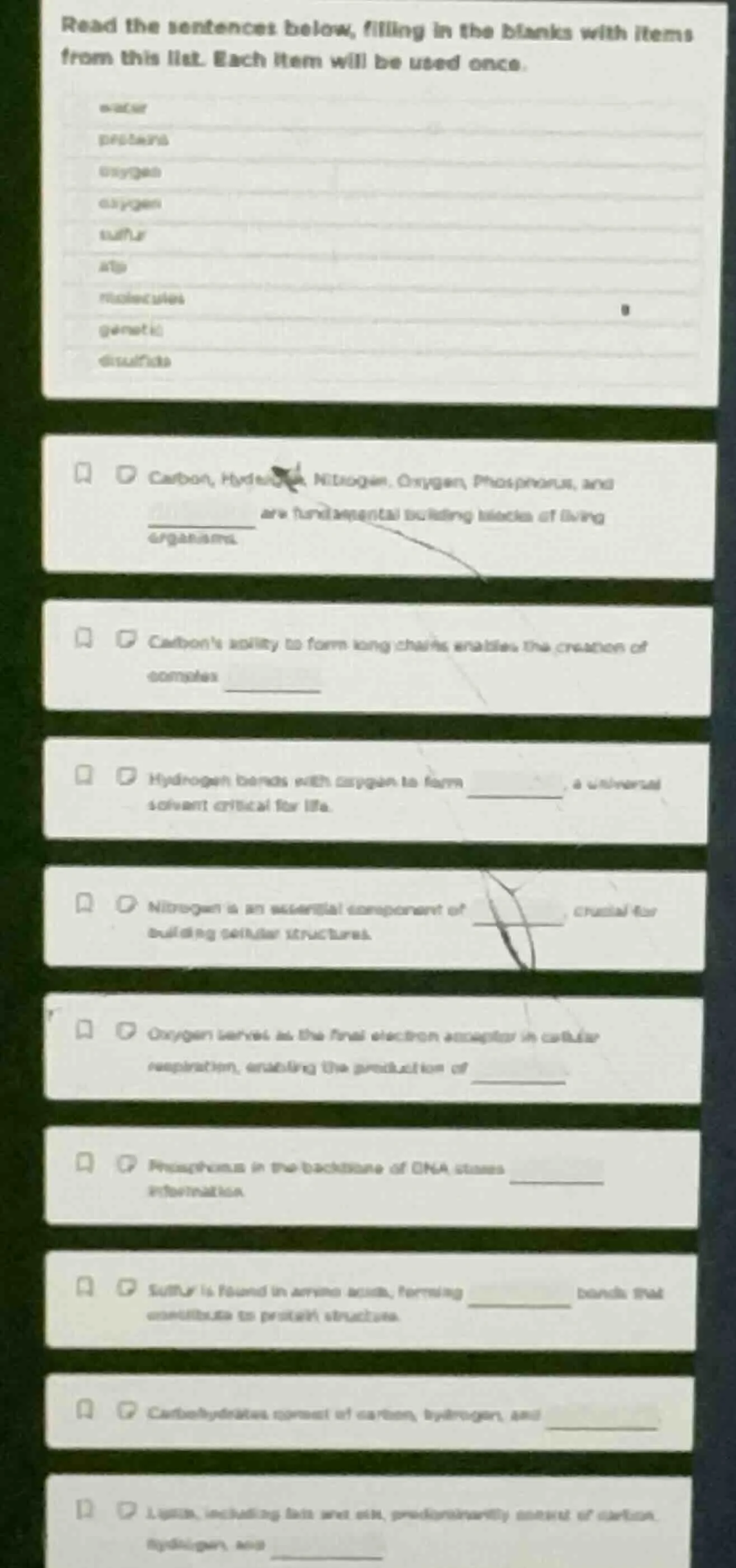 read the sentences below, filling in the blanks with items from this li…