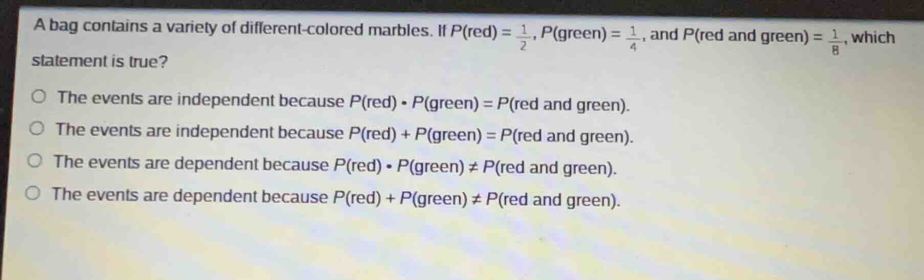 a bag contains a variety of different - colored marbles. if $p(\\text{r…