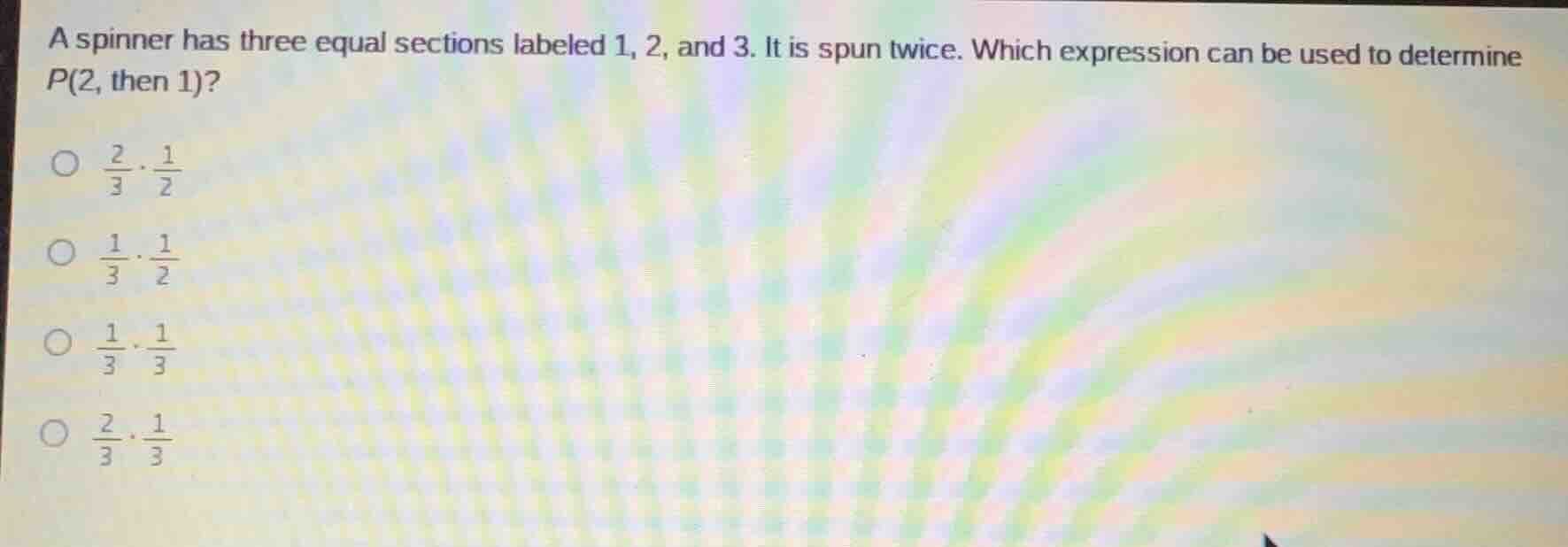 a spinner has three equal sections labeled 1, 2, and 3. it is spun twic…