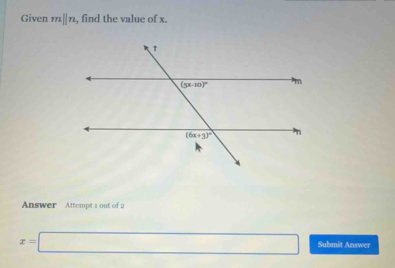given ( m parallel n ), find the value of ( x ). answer attempt 1 out o…