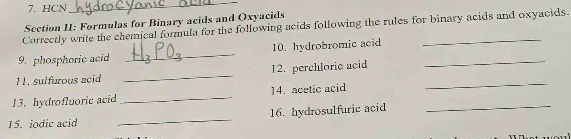 7. hcn section ii: formulas for binary acids and oxyacids correctly wri…