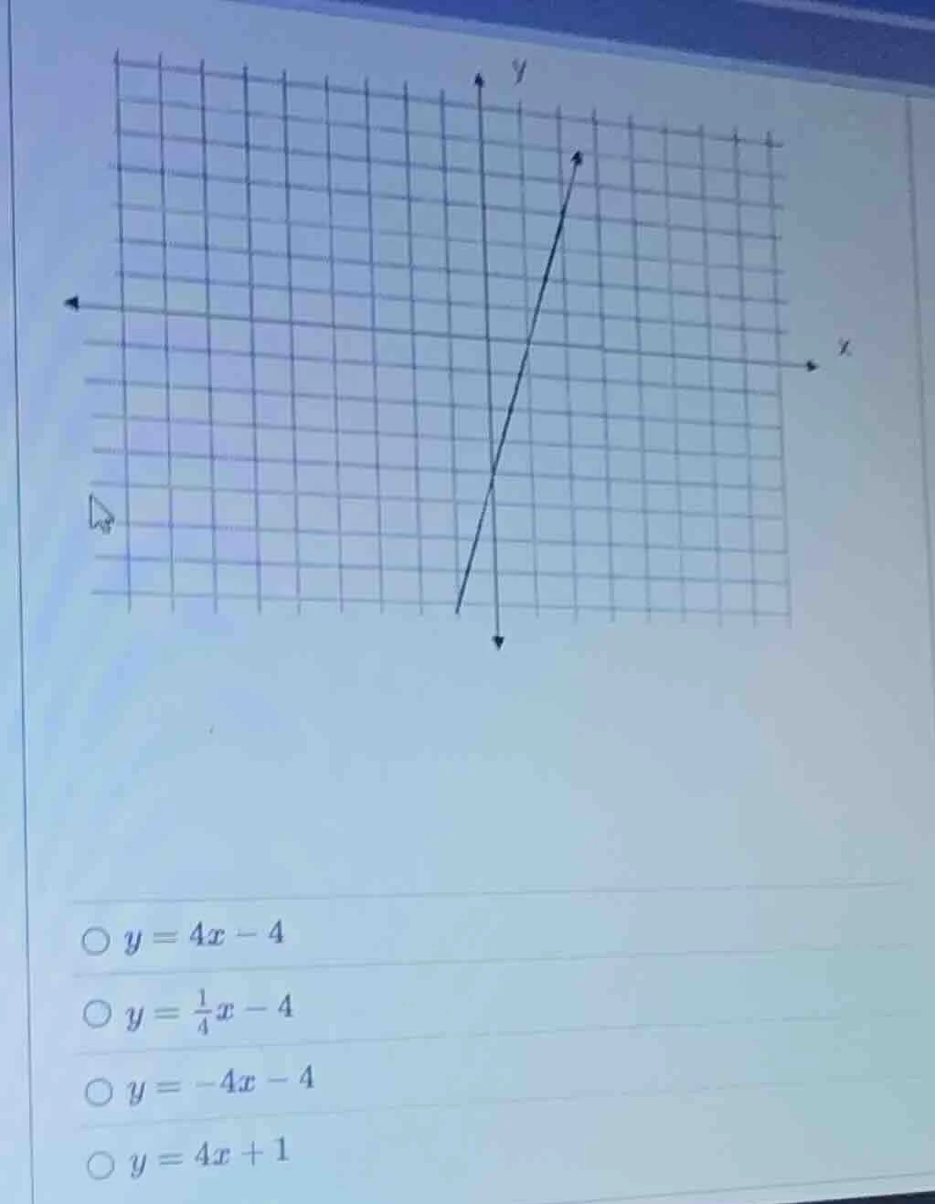 the image shows a line on a coordinate grid. the options are: ① $y = 4x…