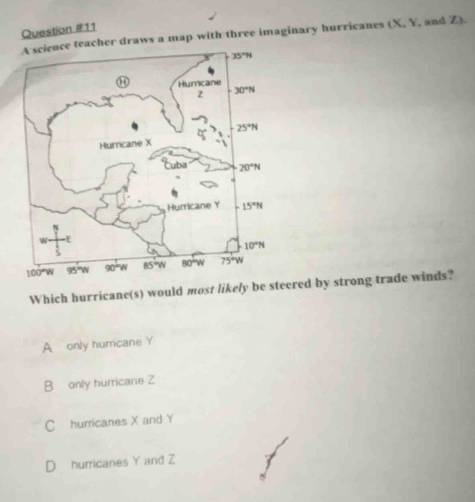 question #11 a science teacher draws a map with three imaginary hurrica…