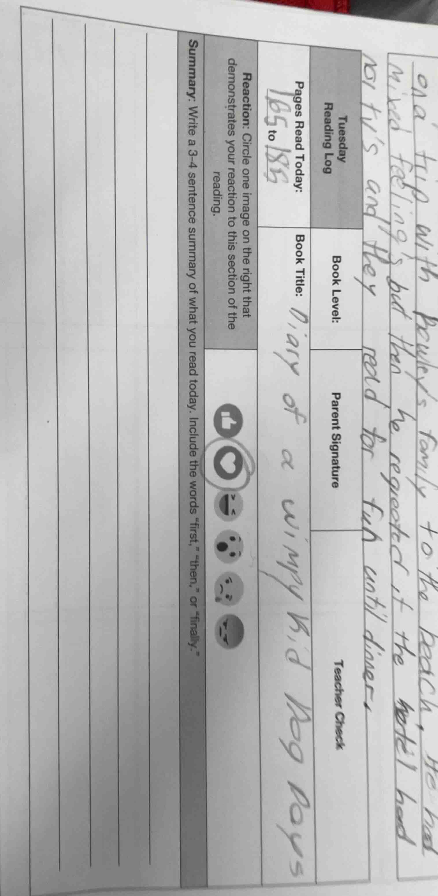 tuesday reading log pages read today: 165 to 185 reaction: circle one i…