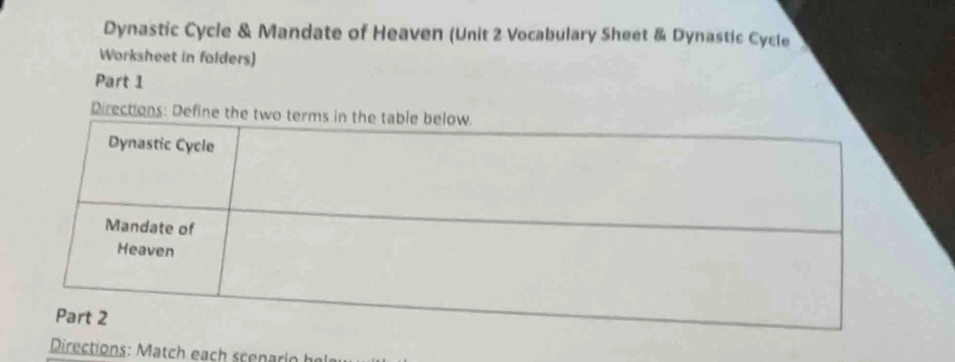dynastic cycle & mandate of heaven (unit 2 vocabulary sheet & dynastic …