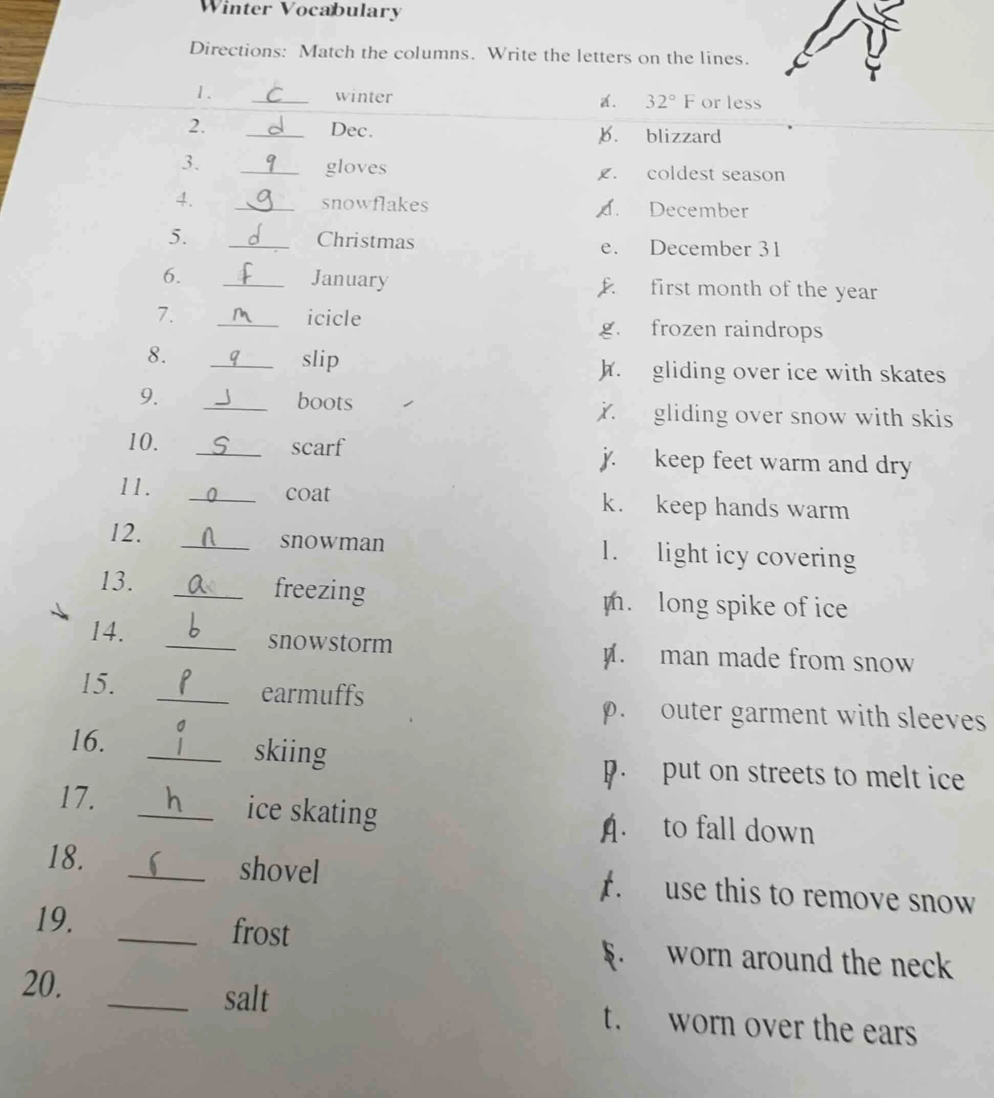 winter vocabulary directions: match the columns. write the letters on t…
