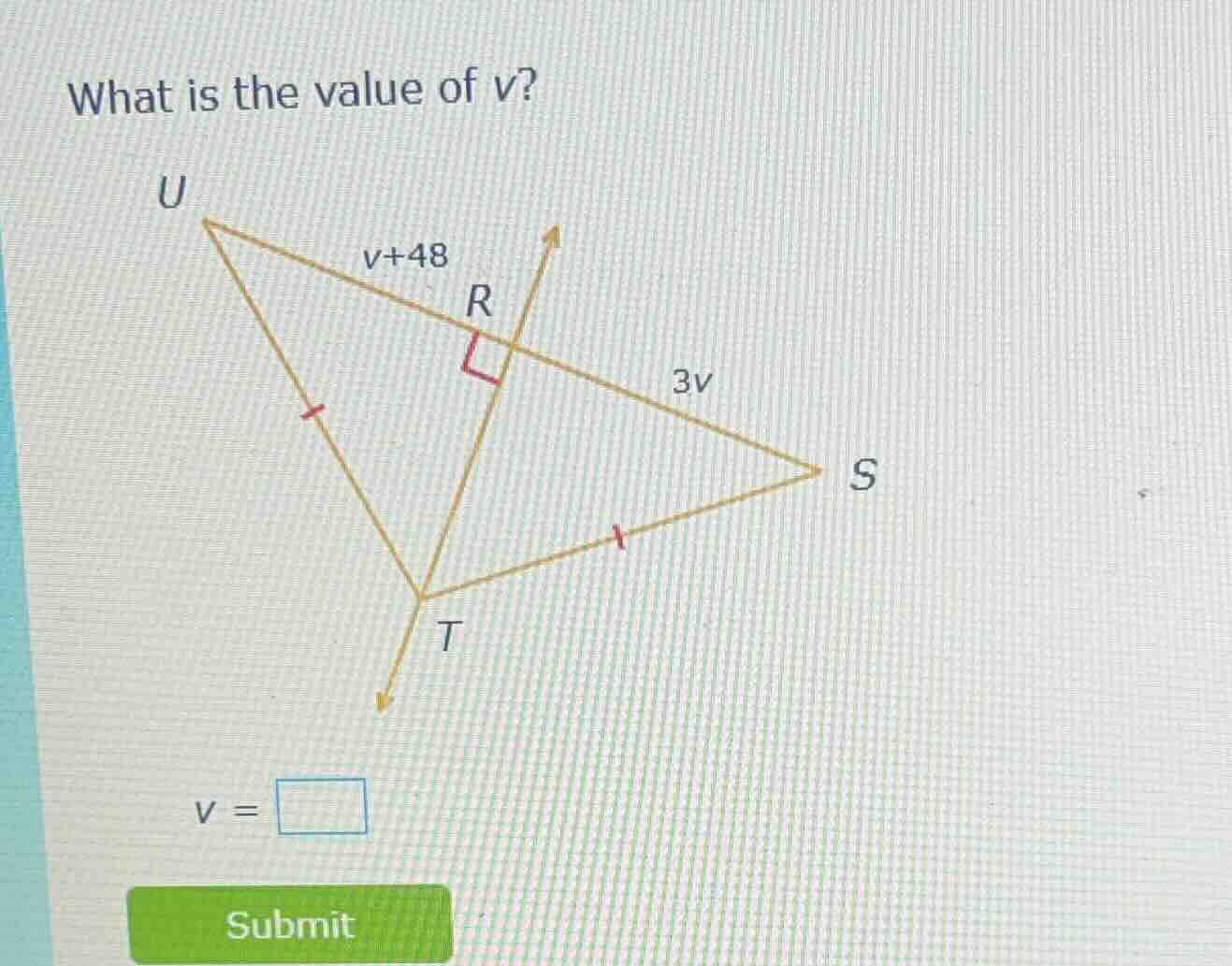 what is the value of v? u v+48 r 3v s t v = submit
