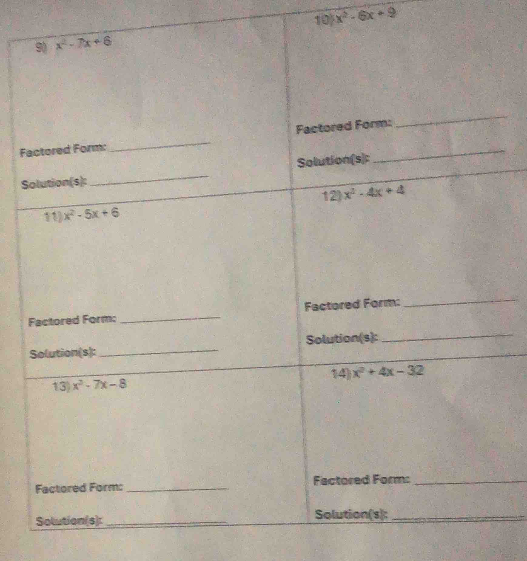9) $x^2 - 7x + 6$ factored form: solution(s): 10) $x^2 - 6x + 9$ factor…