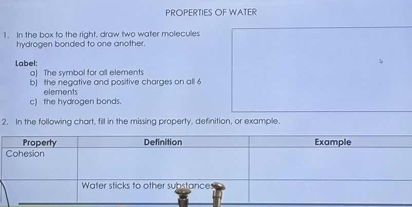 properties of water 1. in the box to the right, draw two water molecule…