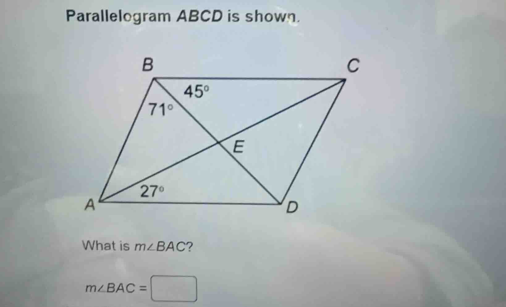 parallelogram abcd is shown. what is ( mangle bac )? ( mangle bac = squ…