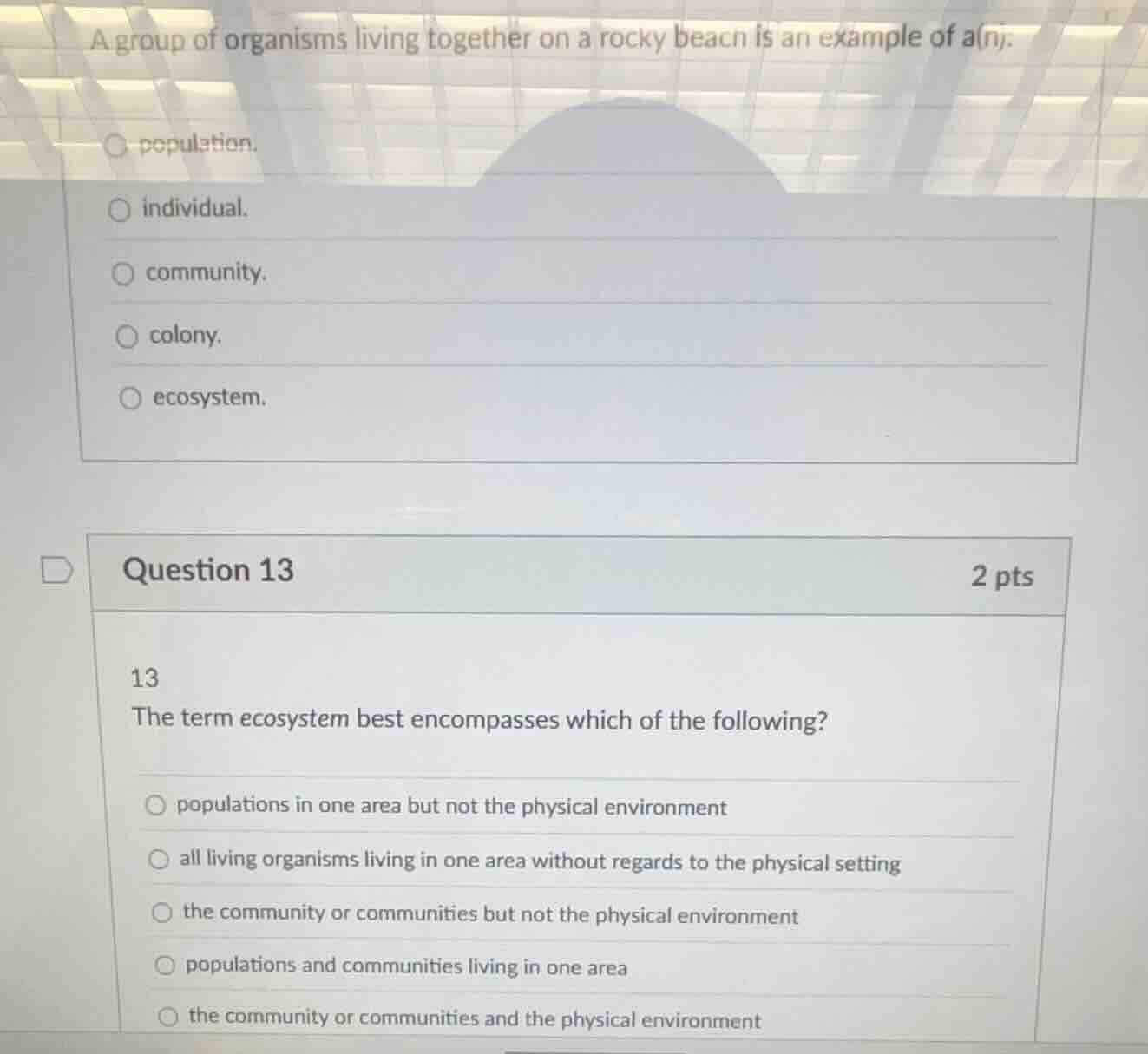 a group of organisms living together on a rocky beach is an example of …