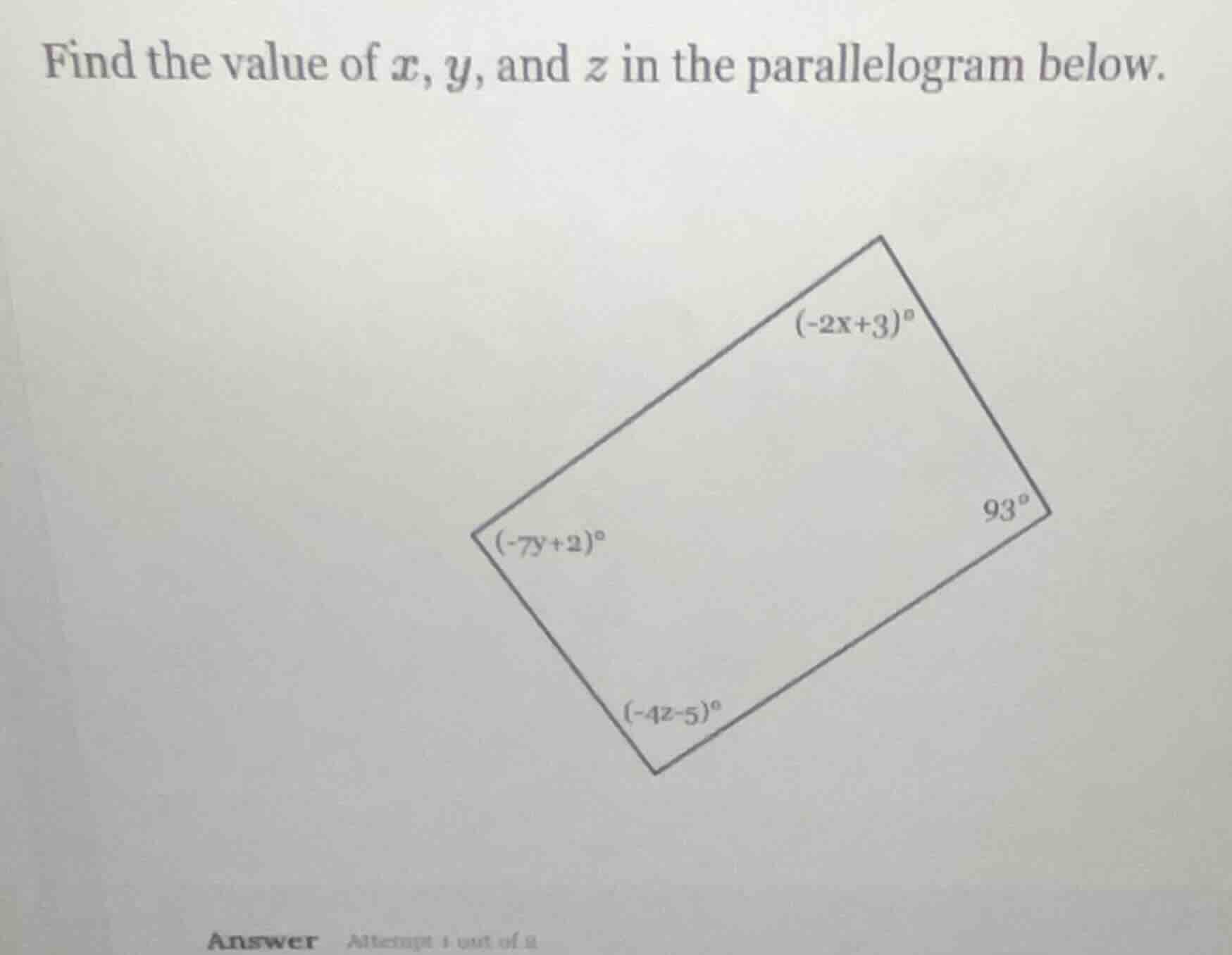 find the value of ( x ), ( y ), and ( z ) in the parallelogram below.