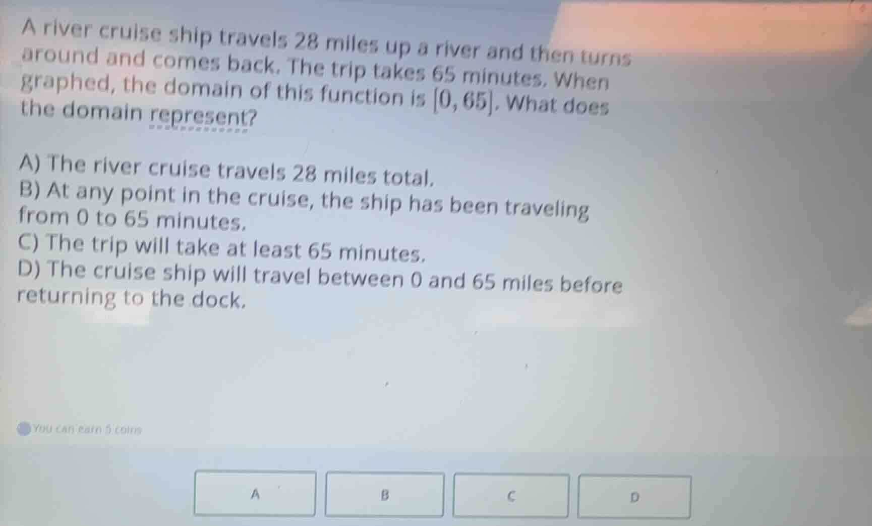 a river cruise ship travels 28 miles up a river and then turns around a…