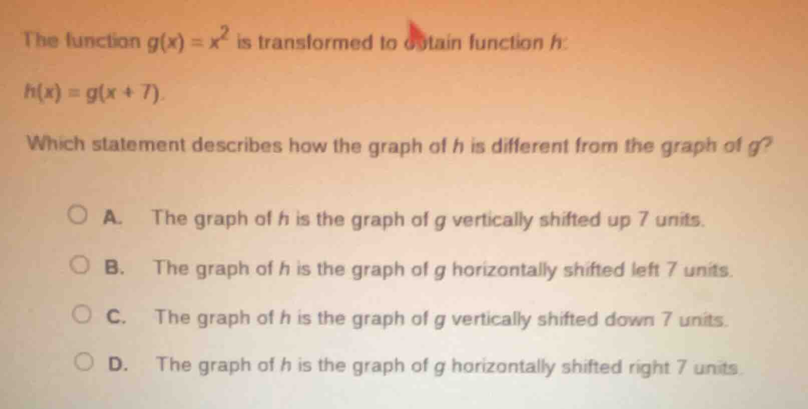 the function $g(x) = x^2$ is transformed to obtain function $h$: $h(x) …