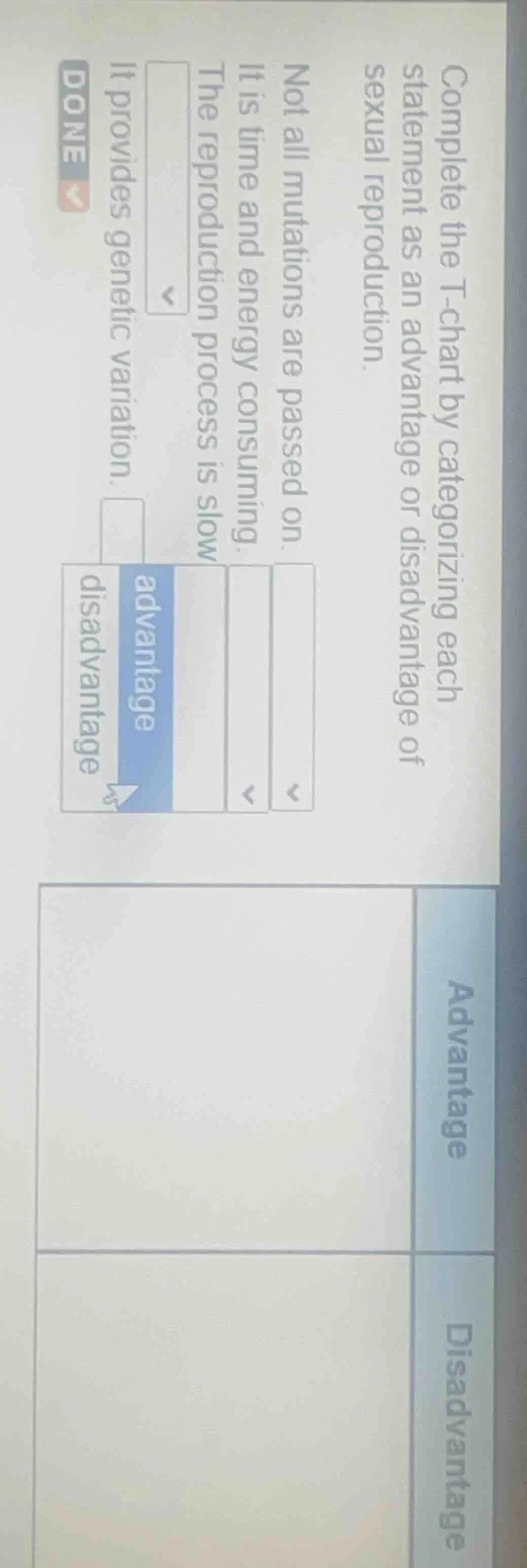 complete the t - chart by categorizing each statement as an advantage o…