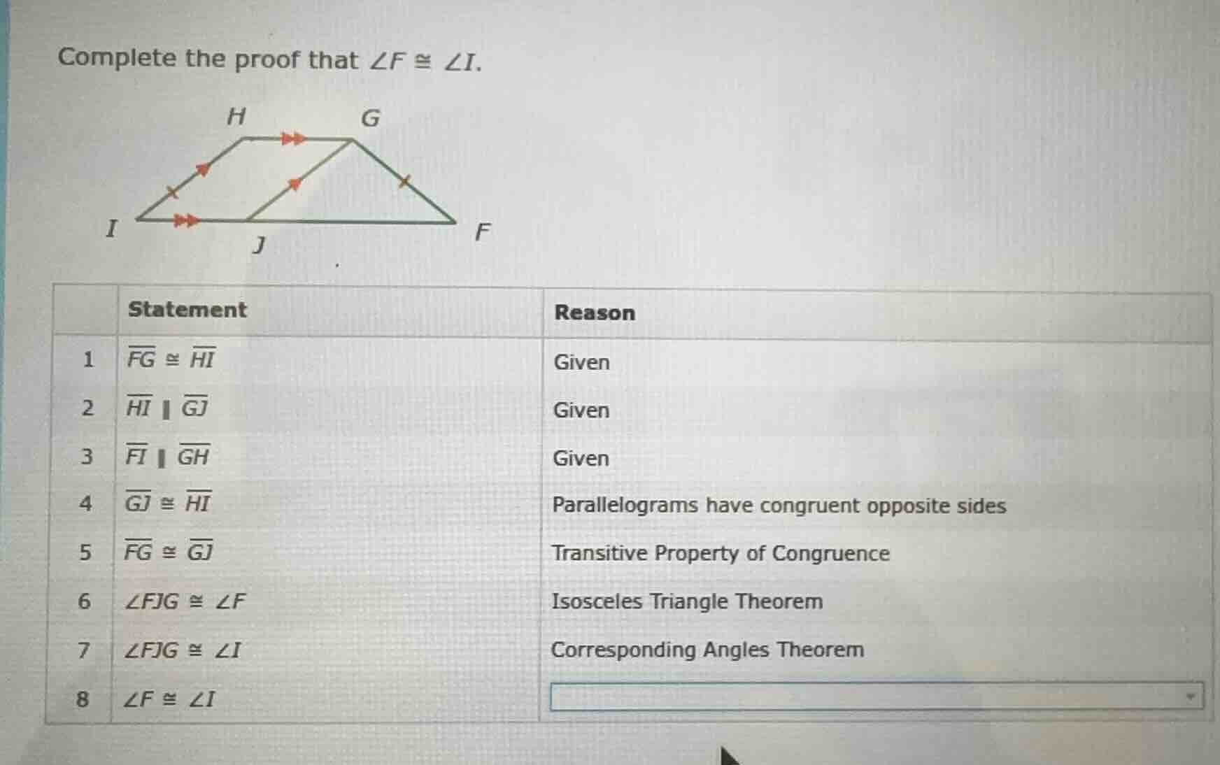 complete the proof that $\\angle f \\cong \\angle i$. | | statement | r…