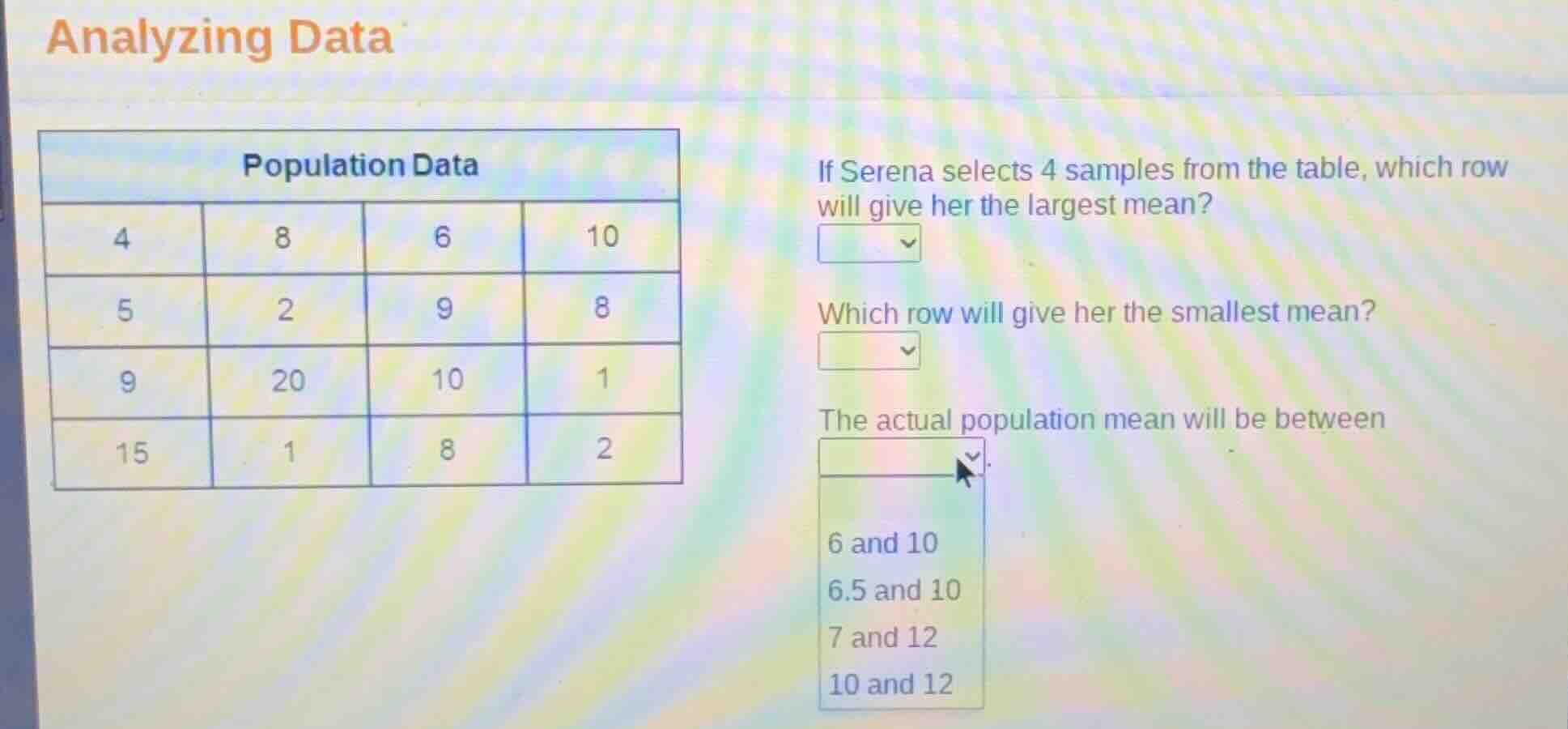 analyzing data population data 4 8 6 10 5 2 9 8 9 20 10 1 15 1 8 2 if s…