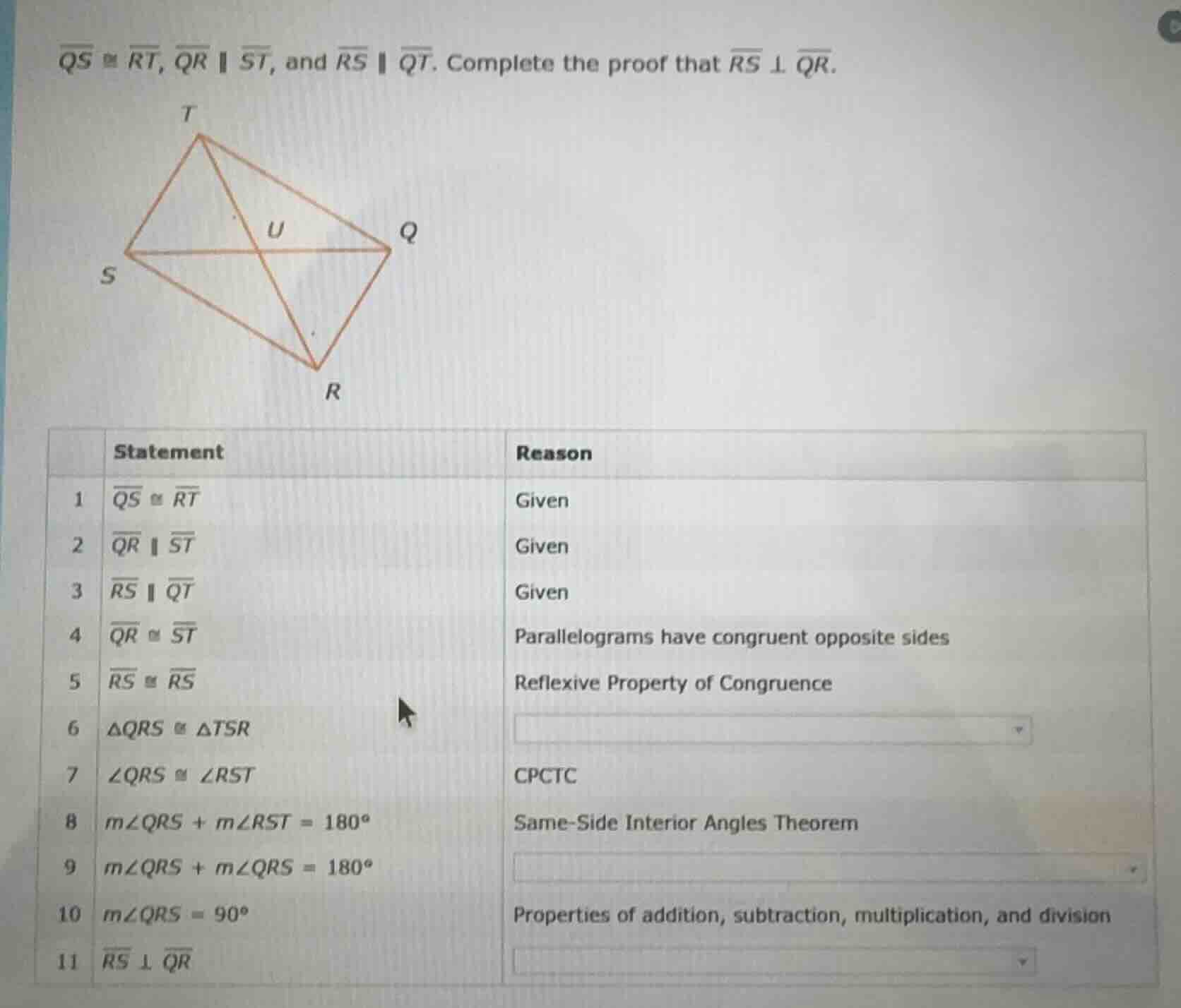 $\\overline{qs} \\cong \\overline{rt}$, $\\overline{qr} \\parallel \\ov…