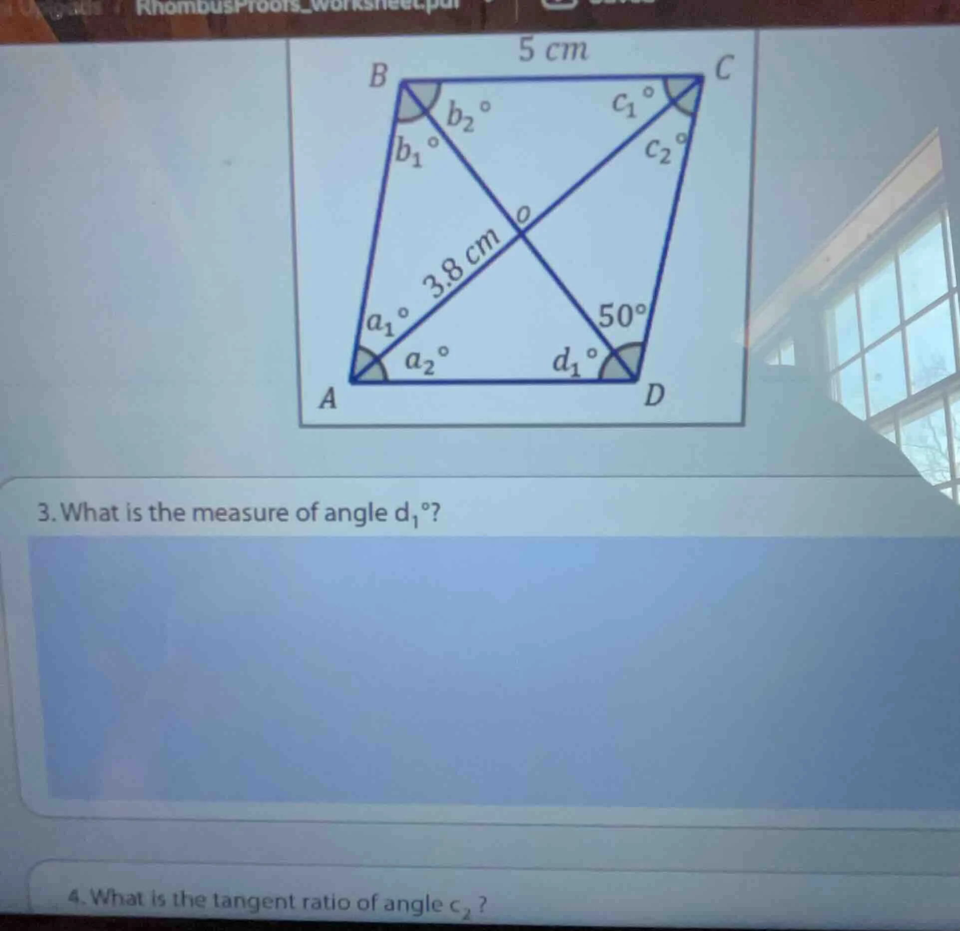 3. what is the measure of angle ( d_1^circ )? 4. what is the tangent ra…