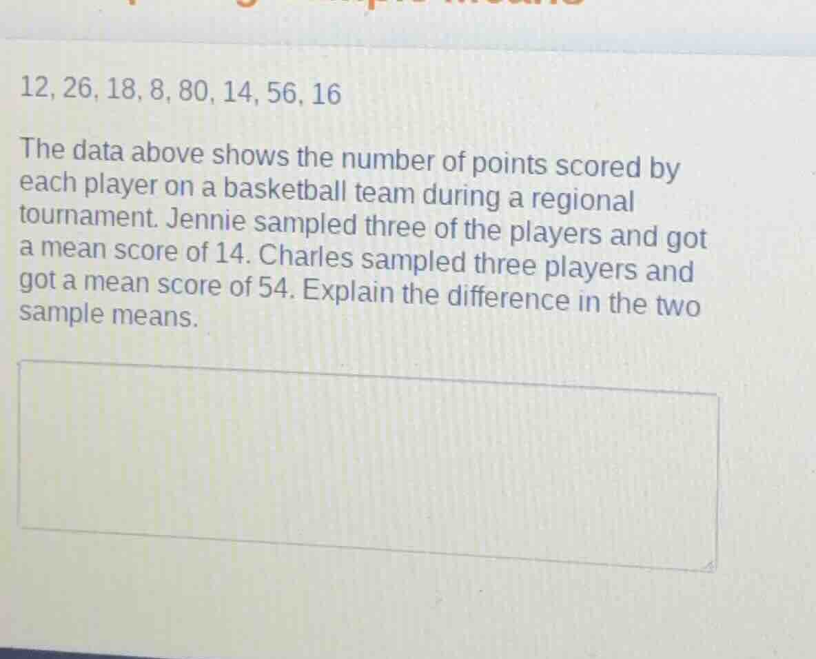 12, 26, 18, 8, 80, 14, 56, 16 the data above shows the number of points…