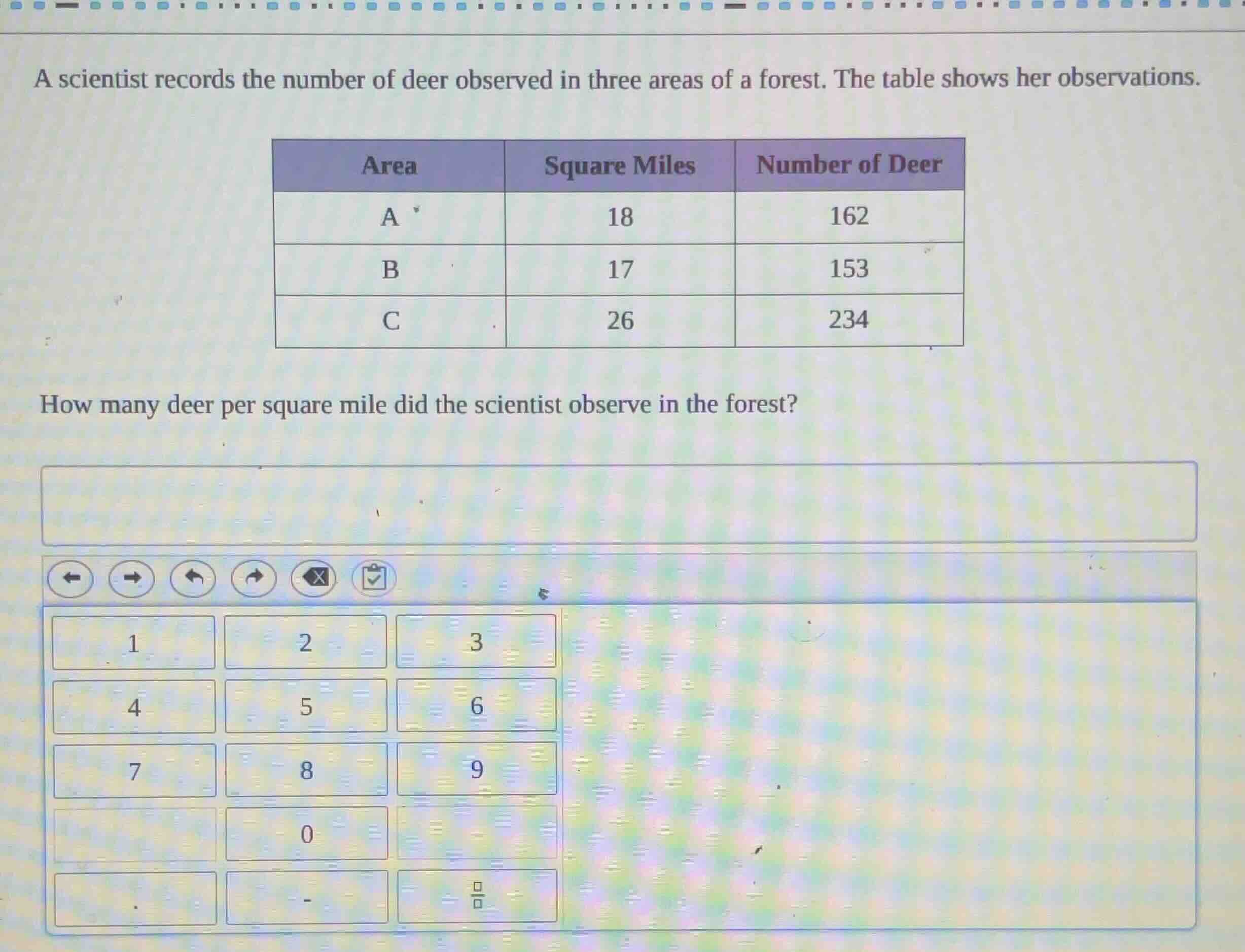 a scientist records the number of deer observed in three areas of a for…