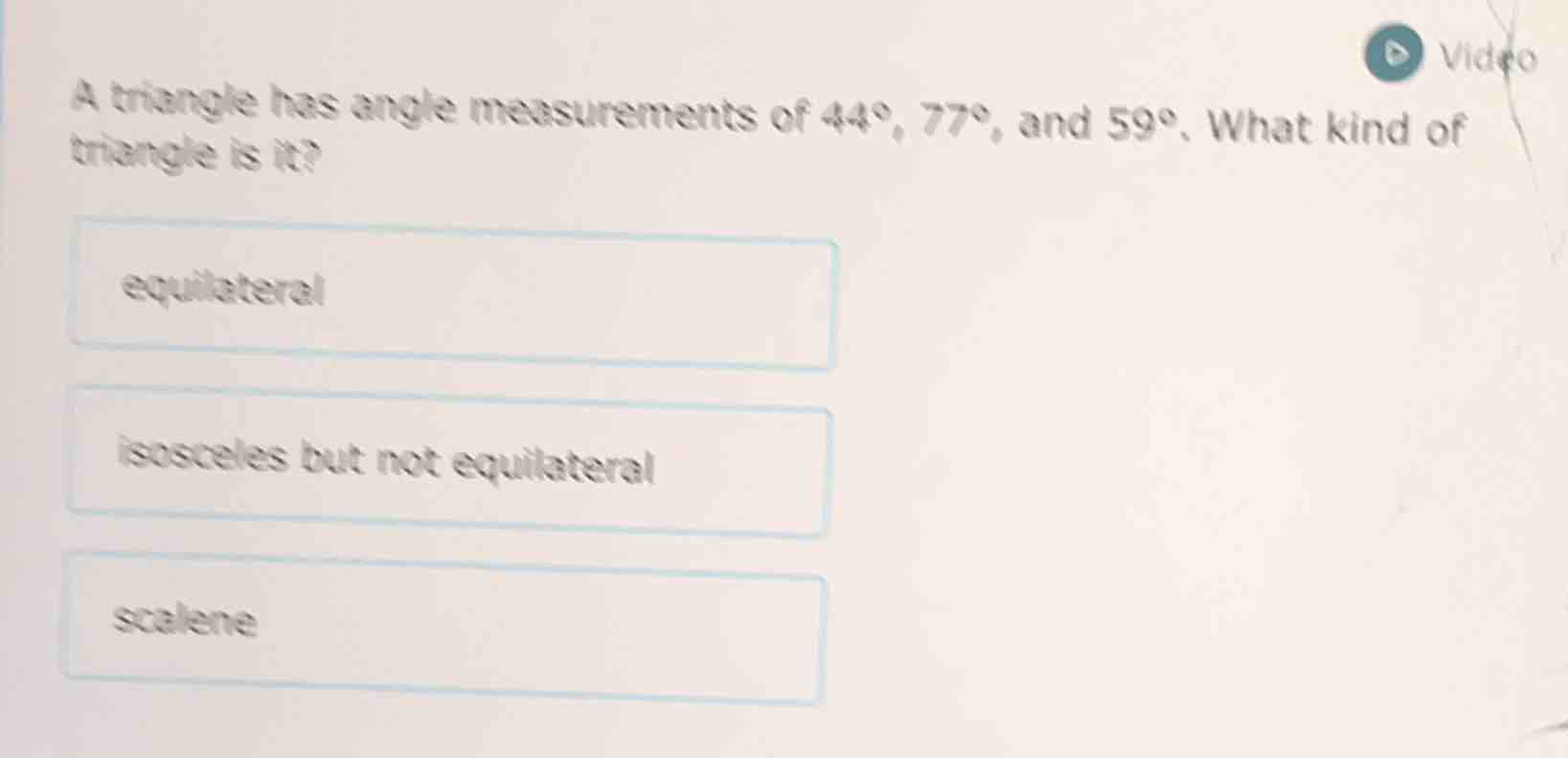 a triangle has angle measurements of 44°, 77°, and 59°. what kind of tr…